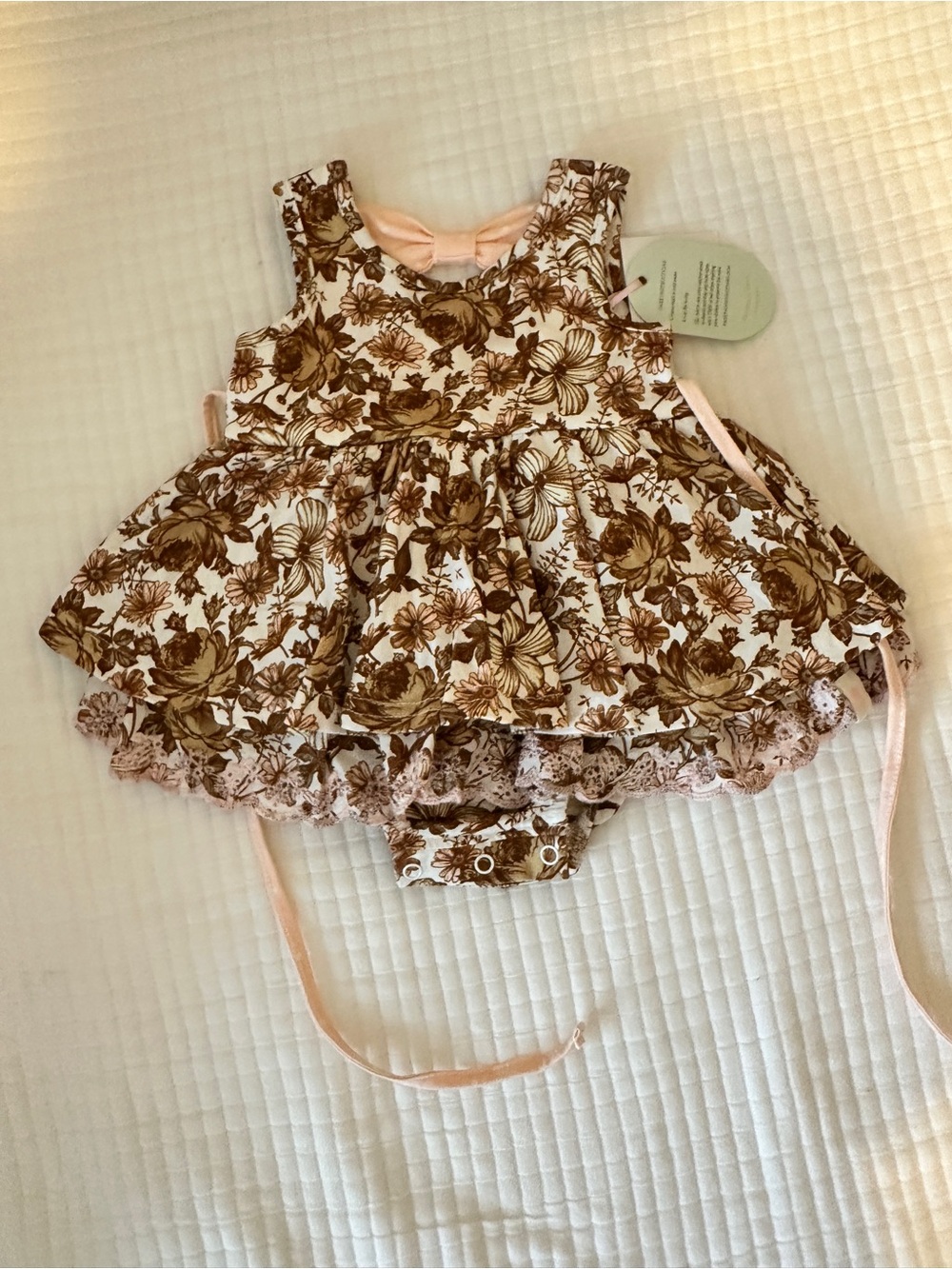 Floral Lace Baby Dress with Bloomer - Pink and Brown